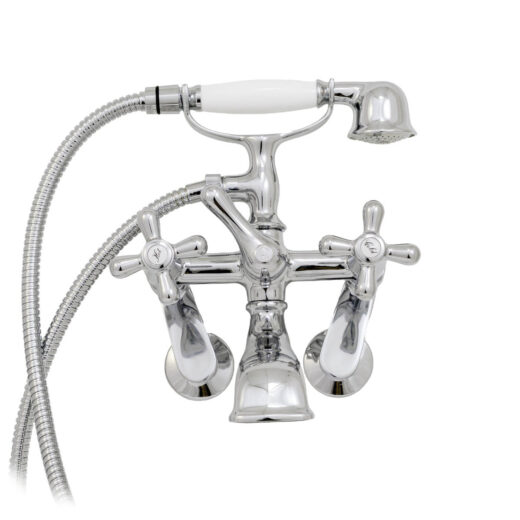 Claw tub faucet with hand shower. Adjustable 3-3/8" - 11" centres
